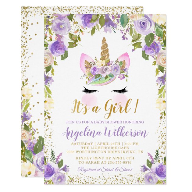 Gold Purple Floral Unicorn Baby Shower Invitations