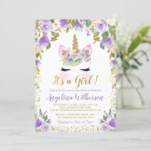 Gold Purple Floral Unicorn Baby Shower Invitations (Standing Front)