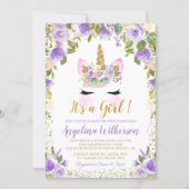 Gold Purple Floral Unicorn Baby Shower Invitations (Front)