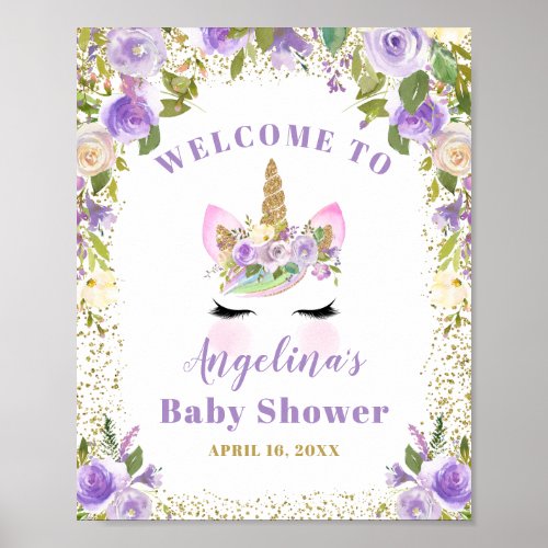 Gold Purple Floral Unicorn Baby Shower Welcome Poster
