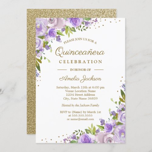Gold Purple Floral Watercolor Quinceanera Invite