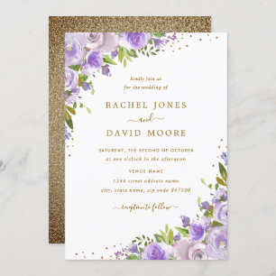 Gold Purple Floral Watercolor Wedding Invite