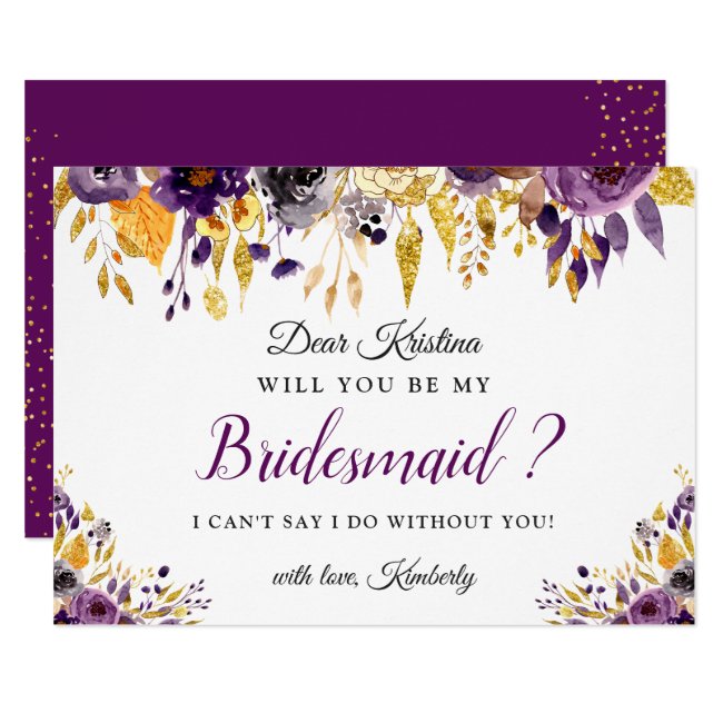 Gold Purple Floral Will You Be My Bridesmaid Invitation