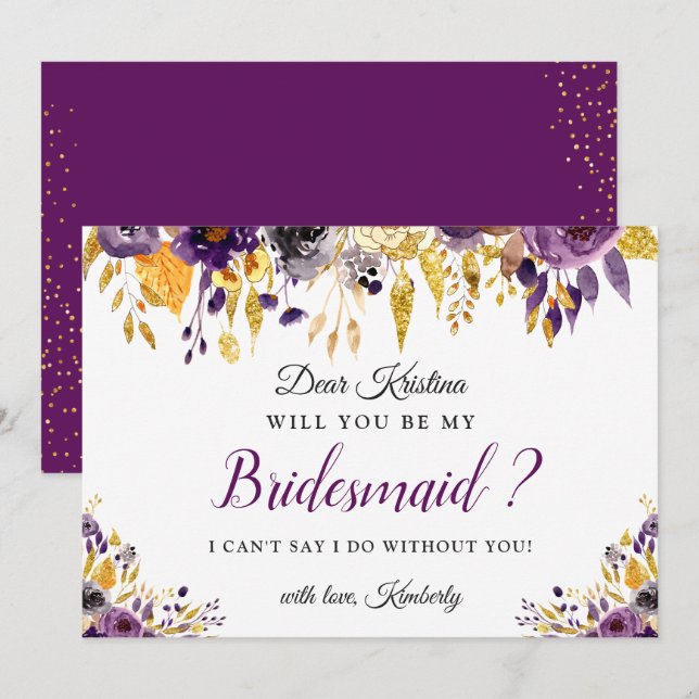 Gold Purple Floral Will You Be My Bridesmaid Invitation (Front/Back)