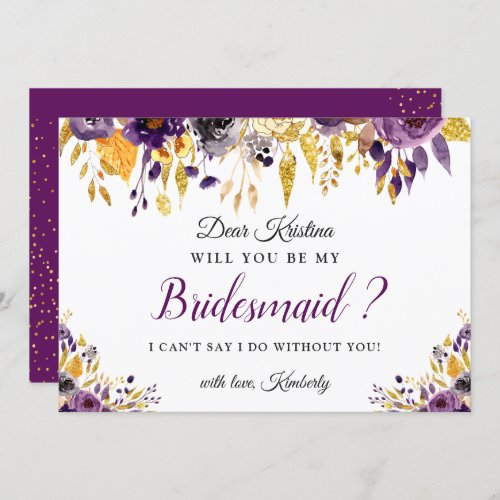 Gold Purple Floral Will You Be My Bridesmaid Invitation