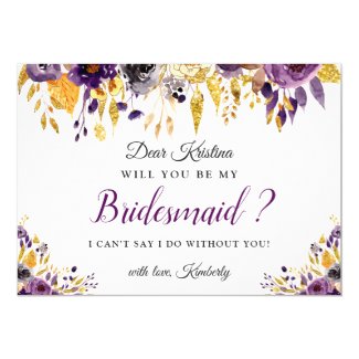 Gold Purple Floral Will You Be My Bridesmaid Invitation
