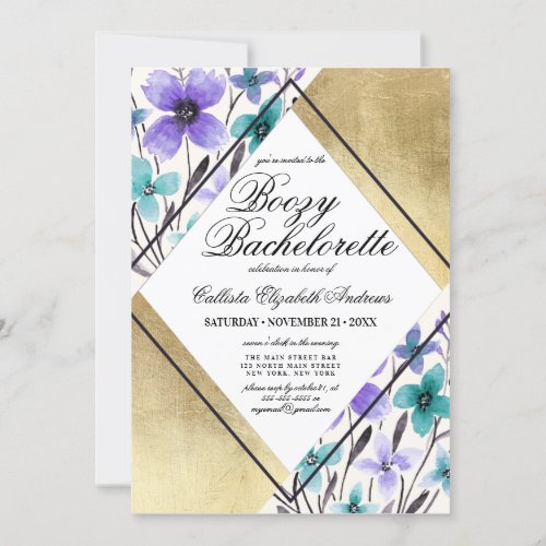 Gold Purple Flower Watercolor Boozy Bachelorette Invitation