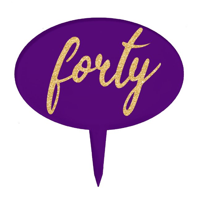 Gold Purple "Forty" 40 Birthday Party Glitter Cake Topper (Front)