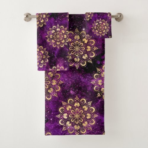 Gold  Purple Galaxy Dharma Mandala Pattern Bath Towel Set