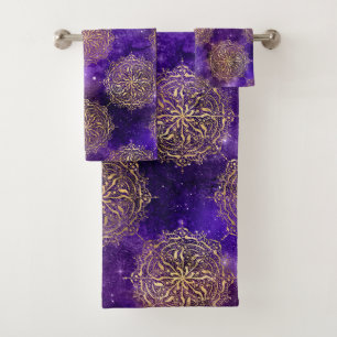 Gold & Purple Galaxy Dharma Mandala Pattern Bath Towel Set