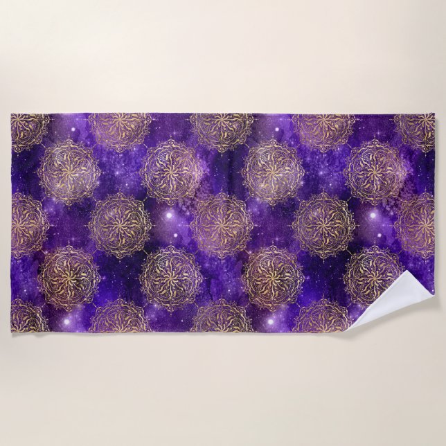 Gold & Purple Galaxy Dharma Mandala Pattern Beach Towel (Front)