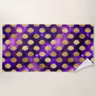 Gold & Purple Galaxy Dharma Mandala Pattern Beach Towel