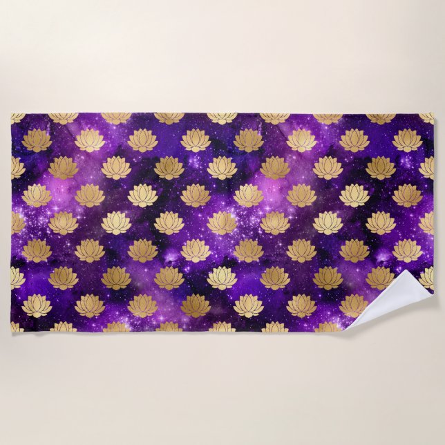 Gold & Purple Galaxy Dharma Mandala Pattern Beach Towel (Front)