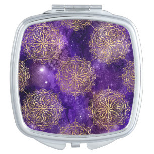 Gold & Purple Galaxy Dharma Mandala Pattern Compact Mirror
