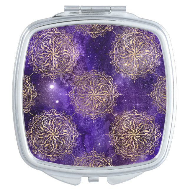 Gold & Purple Galaxy Dharma Mandala Pattern Compact Mirror (Front)