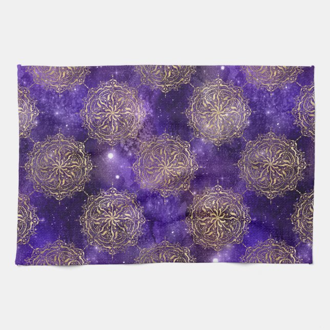 Gold & Purple Galaxy Dharma Mandala Pattern Kitchen Towel (Horizontal)