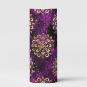 Gold & Purple Galaxy Dharma Mandala Pattern Pillar Candle
