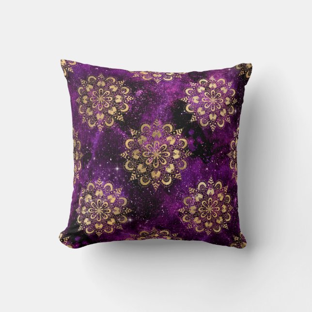 Gold & Purple Galaxy Dharma Mandala Pattern Throw Pillow (Front)