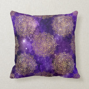 Gold & Purple Galaxy Dharma Mandala Pattern Throw Pillow