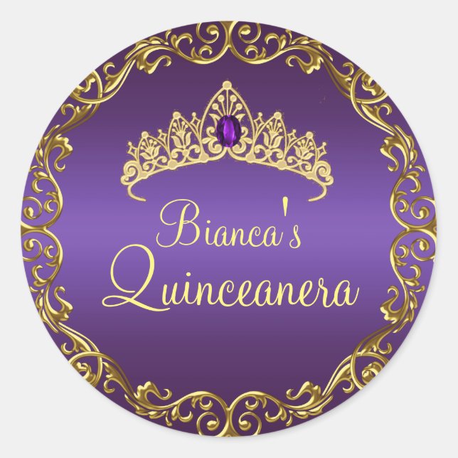 Gold & Purple Gem Tiara Quinceanera Sticker (Front)