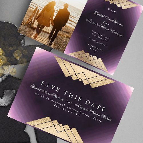 Gold Purple Geometric Gatsby Foil Save The Date Announcement