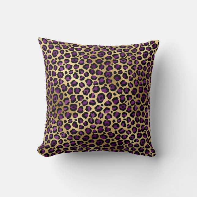 Gold & Purple Glam Leopard Throw Pillow (Front)
