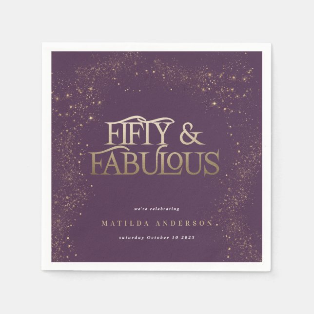Gold purple glitter 50 and fabulous birthday party napkins (Front)