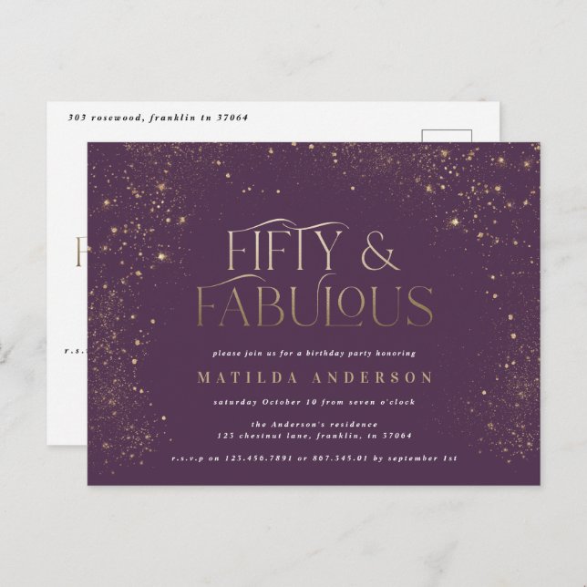 Gold purple glitter 50 and fabulous birthday party postcard (Front/Back)