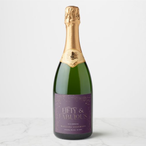 Gold purple glitter 50 and fabulous birthday party sparkling wine label