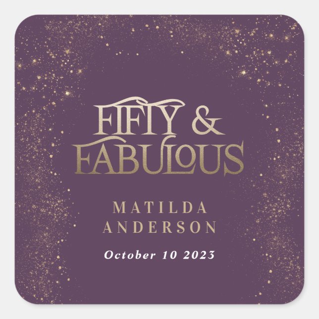 Gold purple glitter 50 and fabulous birthday party square sticker (Front)