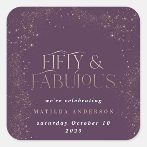 Gold purple glitter 50 and fabulous birthday party square sticker