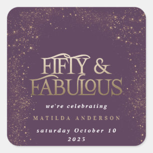 Gold purple glitter 50 and fabulous birthday party square sticker