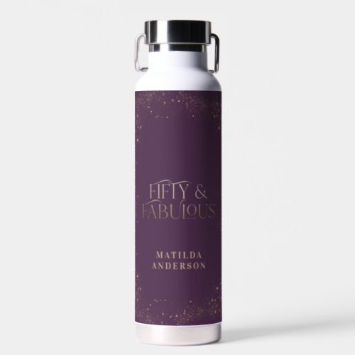 Gold purple glitter 50 and fabulous birthday party water bottle