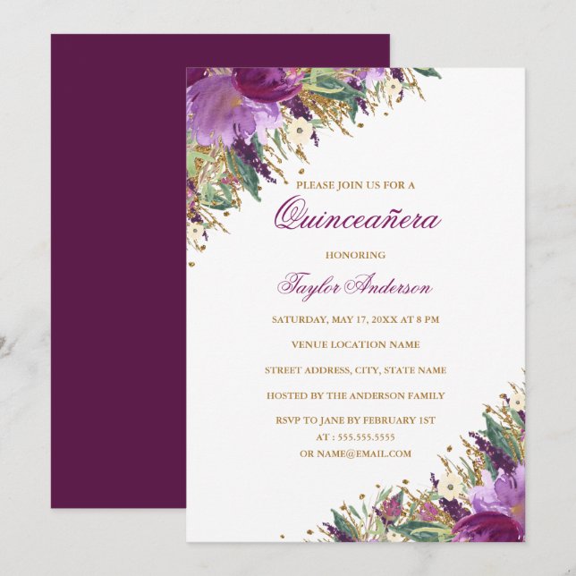 Gold Purple Glitter Amethyst Floral Quinceanera Invitation (Front/Back)