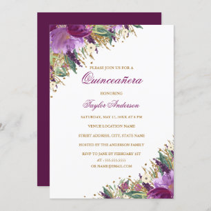 Gold Purple Glitter Amethyst Floral Quinceanera Invitation