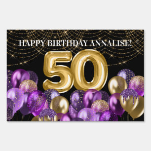 Gold Purple Glitter Balloons 50th Birthday Sign