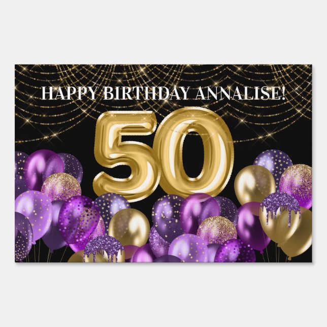Gold Purple Glitter Balloons 50th Birthday Sign (Front)