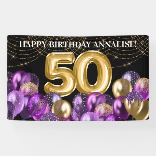 Gold Purple Glitter Balloons Fifty 50th Birthday Banner