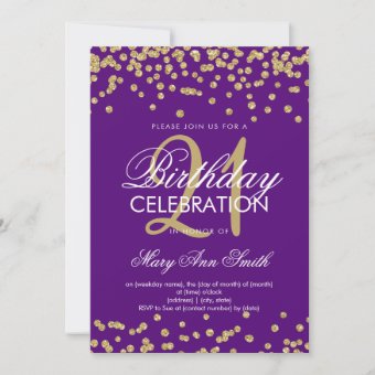 Gold Purple Glitter Confetti 21st Birthday Invitation | Zazzle