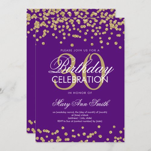 Gold Purple Glitter Confetti 30th Birthday Invitation