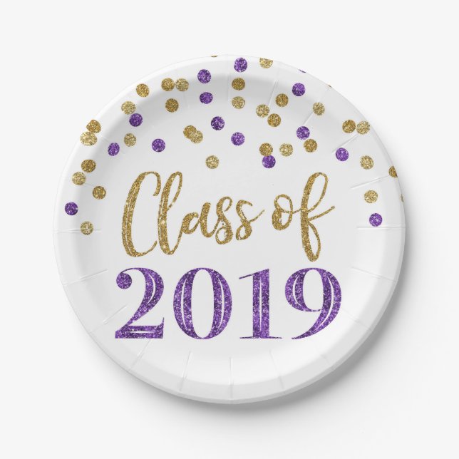 Gold Purple Glitter Confetti Graduation 2019 Paper Plates (Front)
