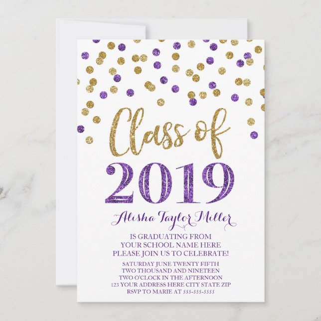 Gold Purple Glitter Confetti Graduation Party 2019 Invitation (Front)