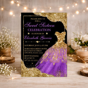 Gold & Purple Glitter Dress & Glam Edges Sweet 16 Invitation