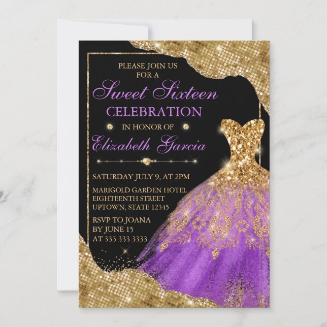 Gold & Purple Glitter Dress & Glam Edges Sweet 16 Invitation (Front)