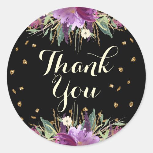 Gold Purple Glitter Floral Thank You Stickers