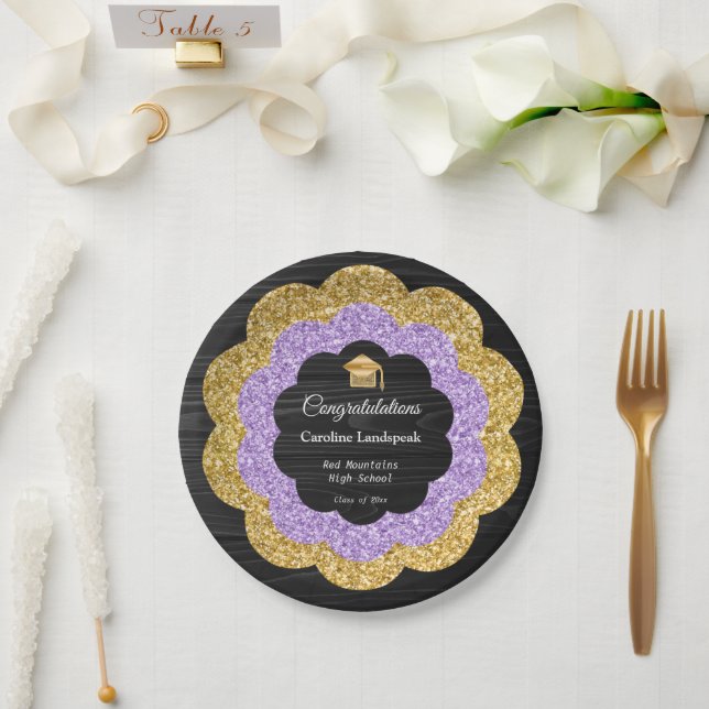 Gold & Purple Glitter Flowers Graduation Day Paper Plates (Wedding)