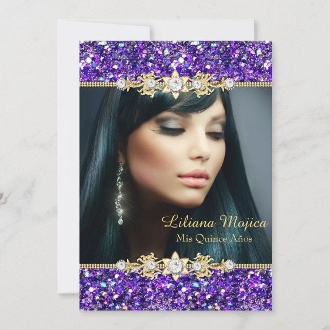 Gold Purple Glitter & Jewel Bow Quinceanera Invitation (Front)