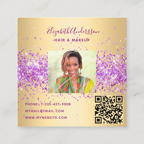 Gold purple glitter profile photo qr code square business card