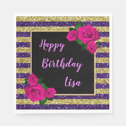 Gold Purple Glitter Stripes Pink Roses Birthday Napkins