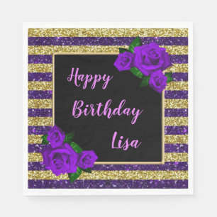 Gold Purple Glitter Stripes Purple Roses Birthday Napkins
